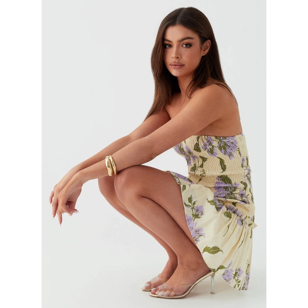 Peppermayo Floral Smocked Strapless Mini Dress Size 6 Yellow Purple Boho Summer - Picture 2 of 8